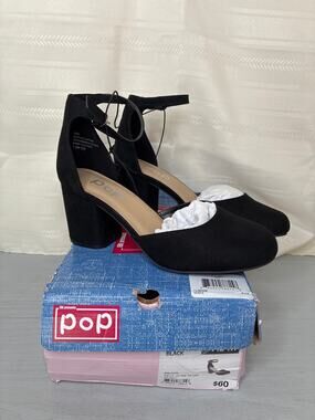 POP Gal Block Heel Pumps Black Womens Size 7.5M Ankle Strap